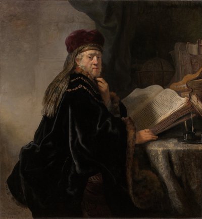 Un érudit assis à un bureau - Rembrandt van Rijn