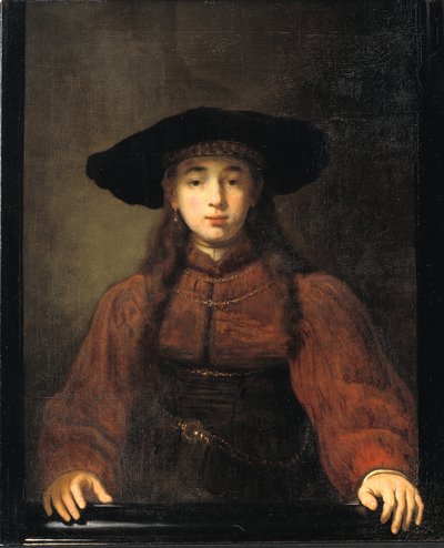 Une jeune femme reposant ses mains sur le cadre du tableau - Rembrandt van Rijn