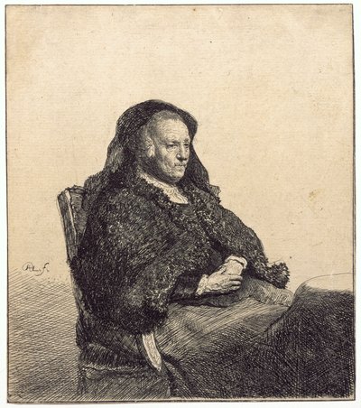 Une femme âgée (la mère de Rembrandt, assise à une table) - Rembrandt van Rijn