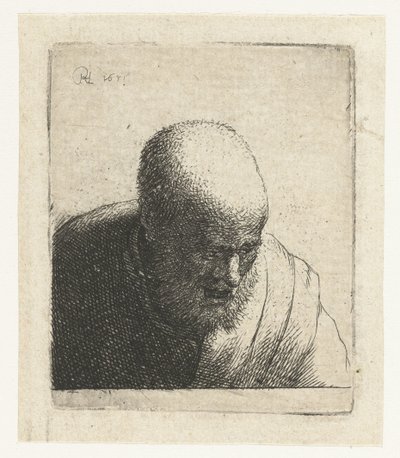 Homme chauve avec la bouche ouverte, regardant vers le bas : buste - Rembrandt van Rijn