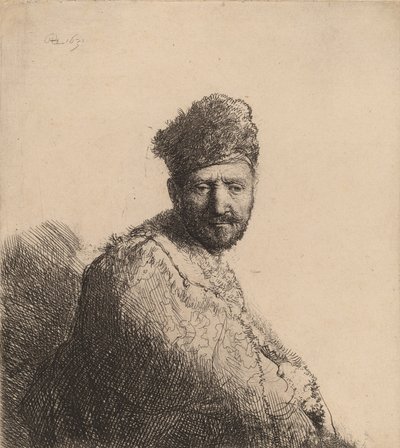 Homme barbu, avec un bonnet oriental en fourrure et une robe : le père de l
