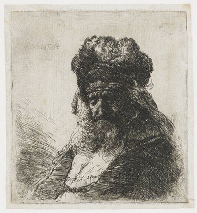 Vieil homme barbu avec un bonnet de fourrure, les yeux fermés - Rembrandt van Rijn