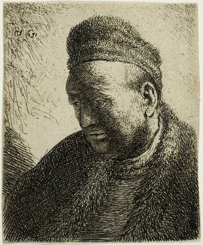 Homme sans barbe en manteau de fourrure et bonnet : Buste - Rembrandt van Rijn