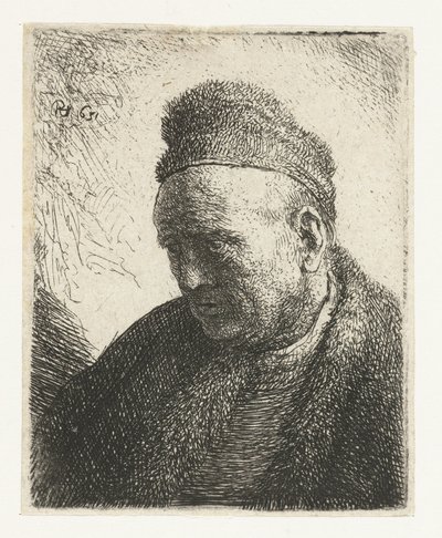 Homme sans barbe avec un manteau et un bonnet de fourrure : buste - Rembrandt van Rijn