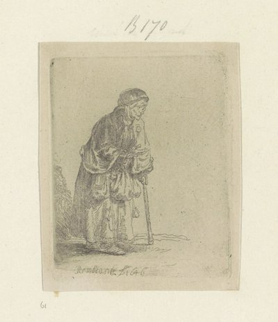 Mendiante appuyée sur un bâton, vers la droite - Rembrandt van Rijn