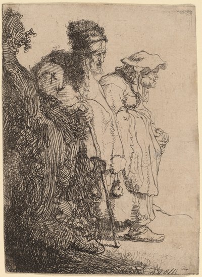 Mendiant homme et femme derrière une banque - Rembrandt van Rijn
