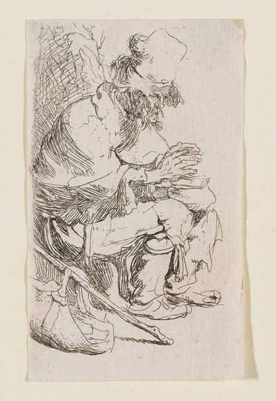 Mendiant assis se réchauffant les mains à un réchaud - Rembrandt van Rijn
