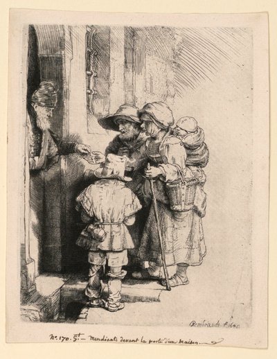Mendiants recevant des aumônes à la porte d
