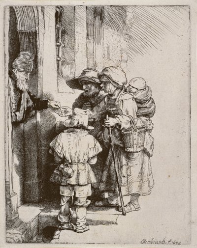 Mendiants recevant des aumônes à la porte d