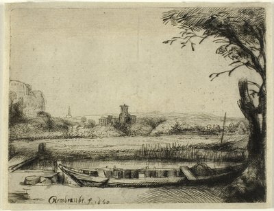 Canal avec un Grand Bateau et un Pont - Rembrandt van Rijn