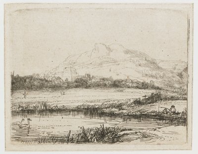 Canal avec un pêcheur et deux cygnes - Rembrandt van Rijn
