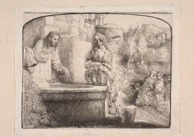 Le Christ et la Samaritaine (Composition fermée en haut par un arc) - Rembrandt van Rijn