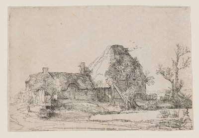 Une maison de campagne et des bâtiments agricoles, avec un homme en train de dessiner - Rembrandt van Rijn