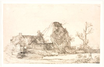 Cottage et bâtiments de ferme avec un homme dessinant - Rembrandt van Rijn