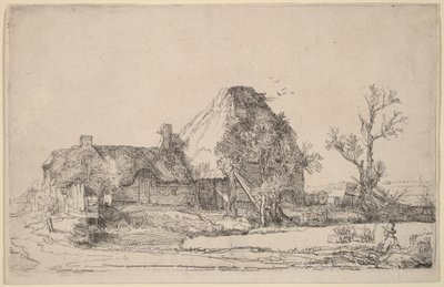 Maisons de campagne et bâtiments agricoles avec un homme en train de dessiner - Rembrandt van Rijn