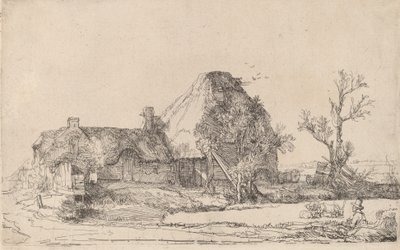 Cottages et bâtiments de ferme avec un homme dessinant, vers 1645 - Rembrandt van Rijn
