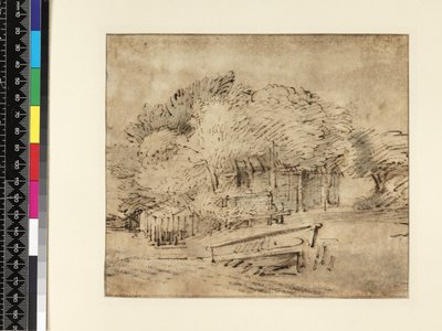 Ferme sous les arbres, avec une passerelle, c.1650 - Rembrandt van Rijn