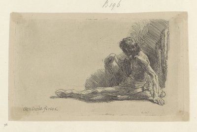 Jeune homme assis par terre avec une jambe étendue - Rembrandt van Rijn
