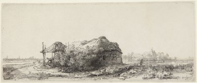 Paysage avec des chalets et une grange à foin - Rembrandt van Rijn
