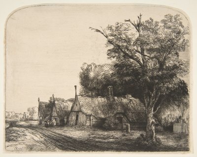 Paysage avec trois cottages à pignon le long d