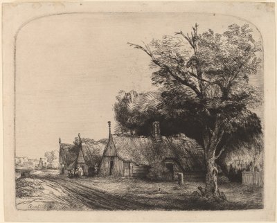Paysage avec trois cottages à pignon le long d