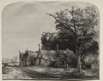 Paysage avec trois cottages à pignon près d