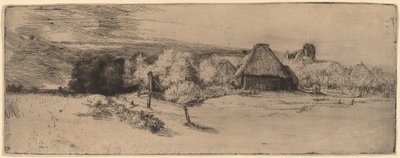 Paysage avec arbres, bâtiments de ferme et une tour - Rembrandt van Rijn