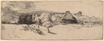 Paysage avec arbres, bâtiments de ferme et une tour - Rembrandt van Rijn