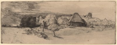 Paysage avec arbres, bâtiments de ferme et une tour - Rembrandt van Rijn