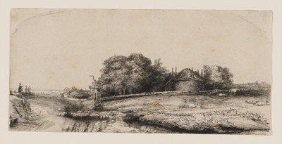 Paysage avec une grange à foin et un troupeau de moutons - Rembrandt van Rijn