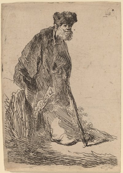 Homme en manteau et bonnet de fourrure appuyé contre une berge - Rembrandt van Rijn