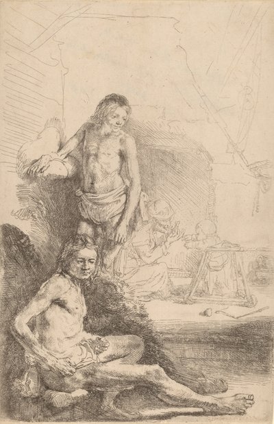 Homme nu assis et homme nu debout, avec une femme et un bébé en arrière-plan, c. 1646 - Rembrandt van Rijn