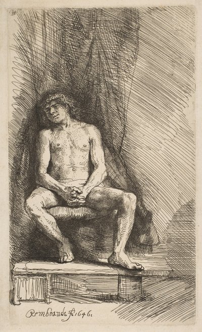 Homme nu assis devant un rideau - Rembrandt van Rijn