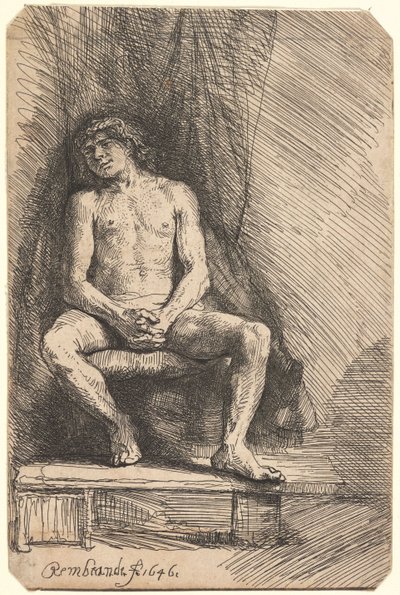 Homme nu assis devant un rideau (BB.46-Bi) - Rembrandt van Rijn