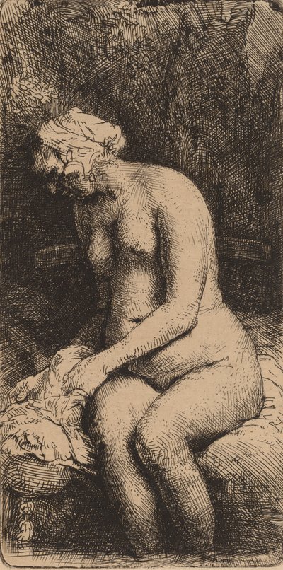 Nu assis sur un banc avec un oreiller Femme se baignant les pieds à un ruisseau - Rembrandt van Rijn