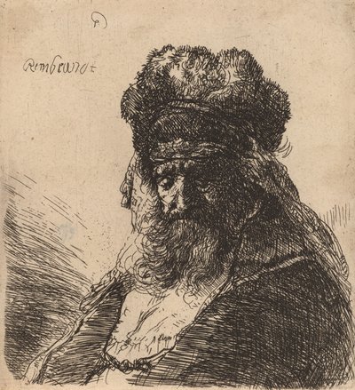 Vieil homme barbu avec un bonnet de fourrure, les yeux fermés - Rembrandt van Rijn