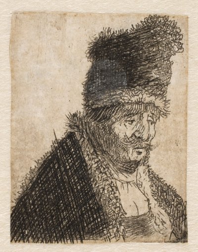 Vieil homme en manteau de fourrure et casquette haute : buste - Rembrandt van Rijn