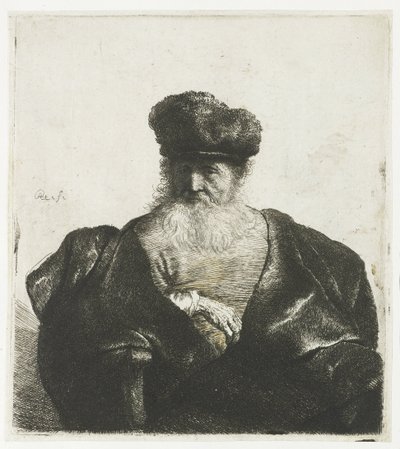 Vieil homme avec barbe, bonnet de fourrure et manteau de velours - Rembrandt van Rijn