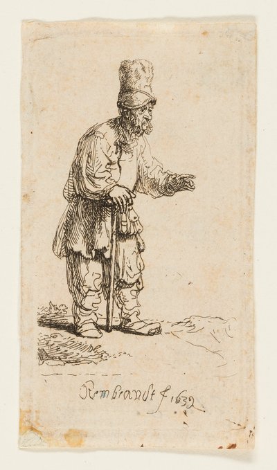 Paysanne avec un bonnet haut, debout appuyée sur un bâton - Rembrandt van Rijn