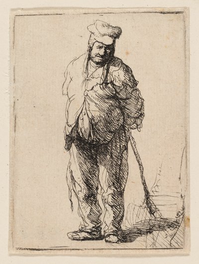 Paysan en haillons avec les mains derrière le dos, tenant un bâton - Rembrandt van Rijn