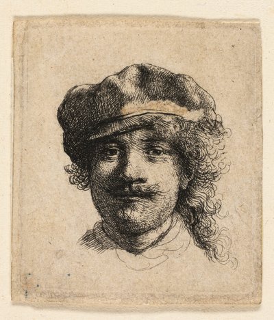 Rembrandt portant un bonnet mou : Plein visage : Tête seulement - Rembrandt van Rijn