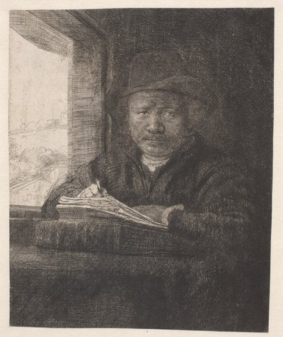 Rembrandt dessinant à une fenêtre - Rembrandt van Rijn
