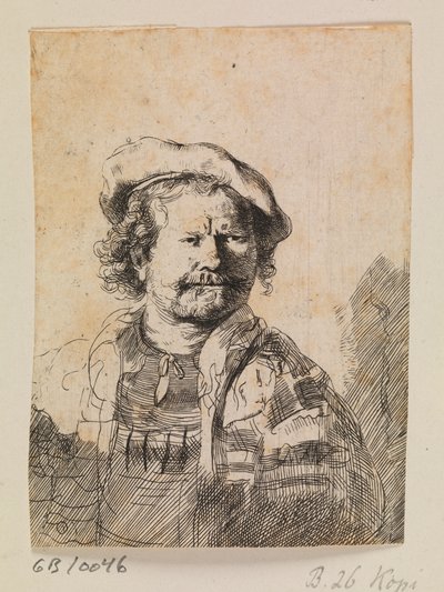 Rembrandt avec une casquette plate et une robe brodée - Rembrandt van Rijn