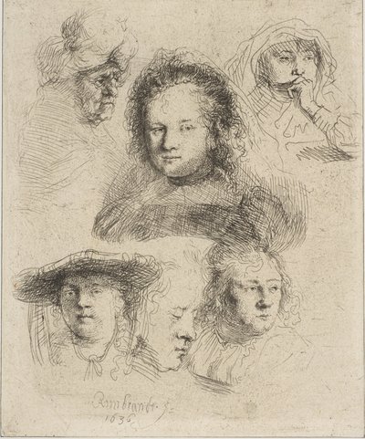 Femme de Rembrandt et cinq autres têtes - Rembrandt van Rijn