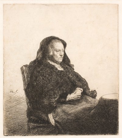 La mère de Rembrandt, assise à une table, regardant vers la droite : portrait de trois quarts - Rembrandt van Rijn