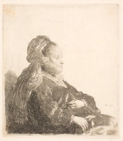 La mère de Rembrandt assise face à droite, avec une coiffe orientale : demi-longueur, montrant les mains - Rembrandt van Rijn