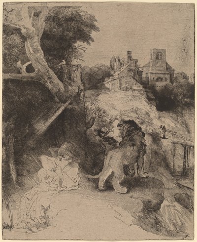 Saint Jérôme lisant dans un paysage italien - Rembrandt van Rijn