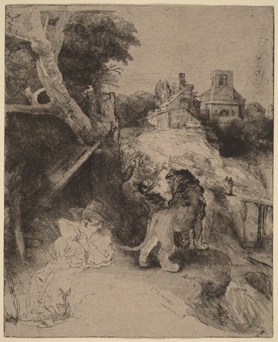 Saint Jérôme lisant dans un paysage italien - Rembrandt van Rijn