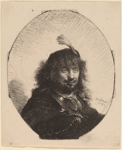 Autoportrait (?) avec Chapeau à Plumes et Sabre Baissé - Rembrandt van Rijn