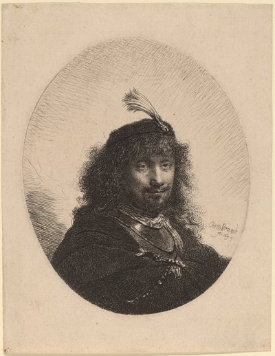 Autoportrait (?) avec Chapeau à Plumes et Sabre Baissé - Rembrandt van Rijn